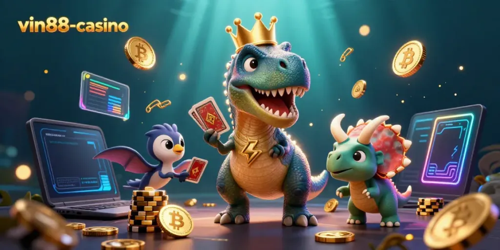 Engaging illustration of vin88-casino featuring a T-Rex and friends in a vibrant casino scene.
