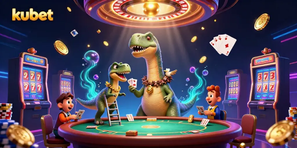 kubet-themed casino illustration depicting vibrant characters and busy gaming action