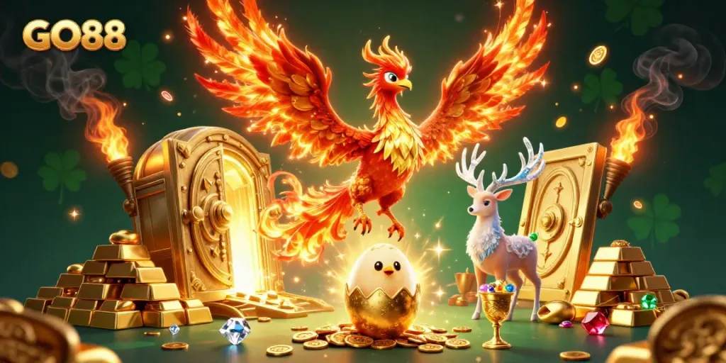 Experience GO88 with an enthralling 3D portrayal of a phoenix and riches in a vibrant casino setting.