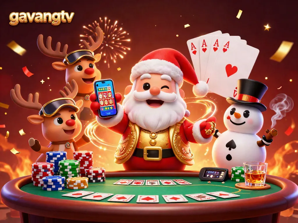 Join the excitement at gavangtv with a lively casino scene featuring Santa, his reindeer, and a poker snowman.