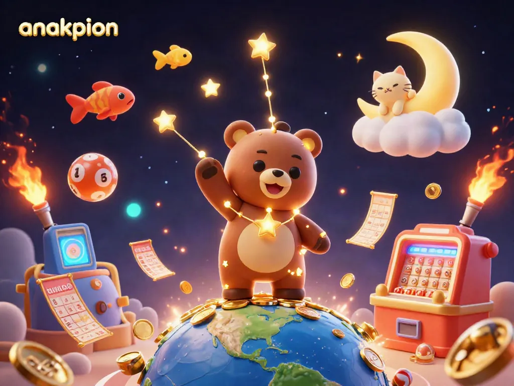 Anakpion offers thrilling lottery action with stars and gold coins in a vibrant atmosphere.