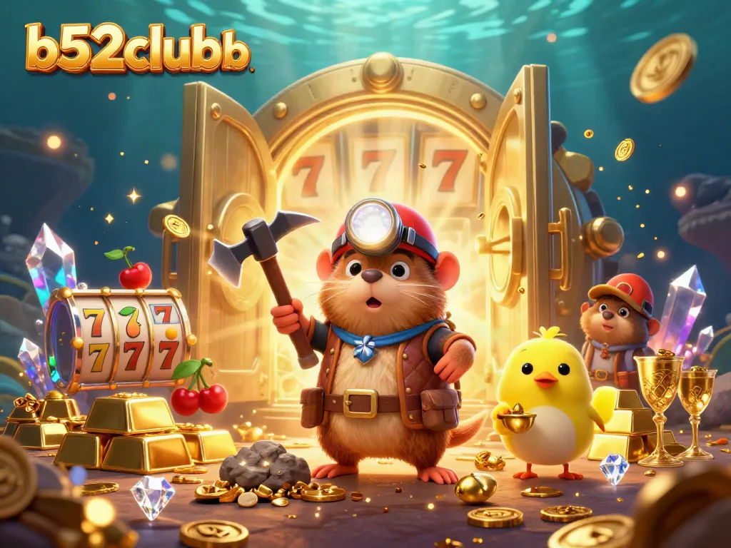 Experience the thrill of b52clubb with vibrant slot reels, golden treasures, and a dynamic treasure hunter scene.