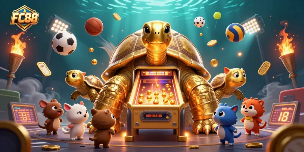 FC88 showcases an exciting gaming scene featuring vibrant sports elements and a lively pinball tortoise.