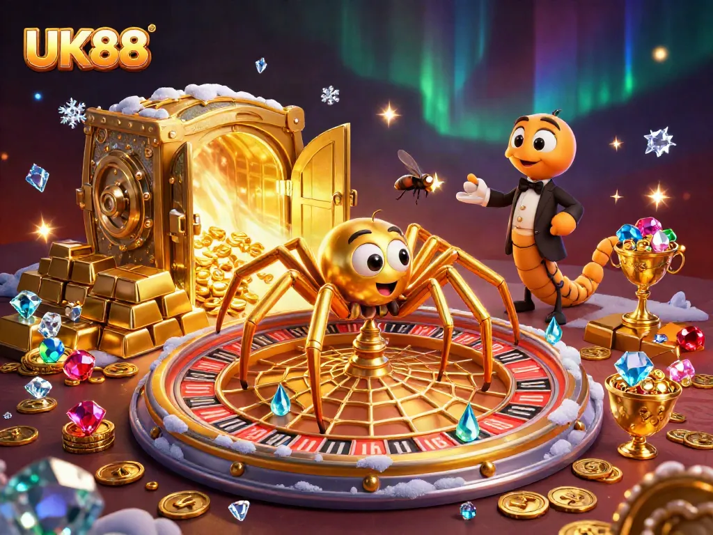 Place bets at UK88's roulette wheel with a golden spider spinning for luck.