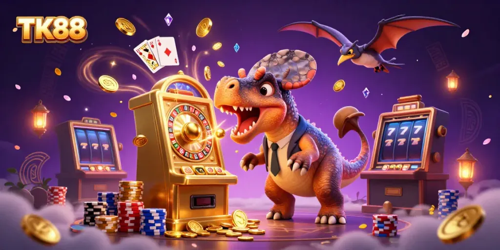TK88 engages players with a 3D cartoon scene of a dinosaur and a golden slot machine, showcasing excitement and jackpots.