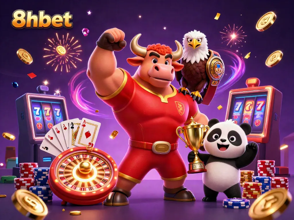Experience the excitement of 8xbet with a vibrant casino celebration featuring winning characters and dynamic gaming elements.