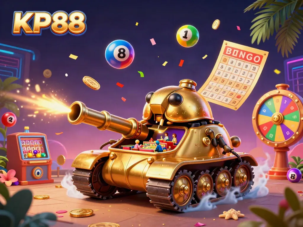 Experience the excitement of KP88 with a vibrant casino scene in a golden beetle tank, surrounded by dynamic lottery elements.