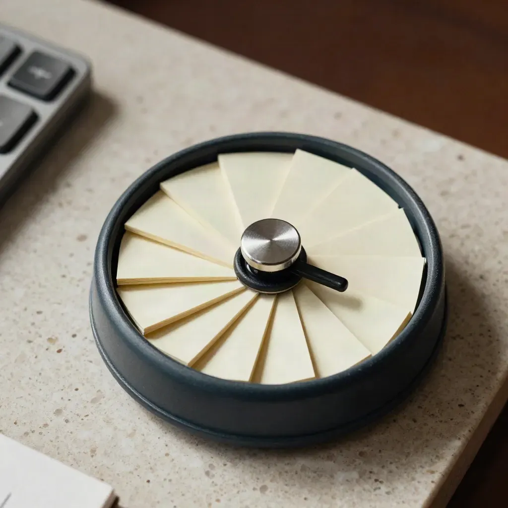 Zbliżenie: tally wheel, samoprzylepne zakładki, stalowy klips i papierowy przycisk na kamiennej powierzchni.