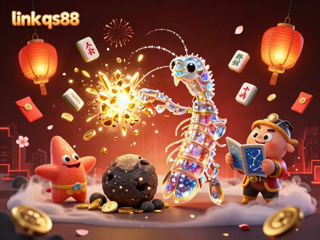 Engage with link qs88 in a vibrant 3D scene showcasing a samurai mantis shrimp amidst gold gems.