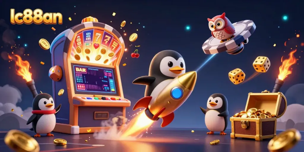 Experience thrilling gameplay with lc88an's golden penguin and casino elements in a vibrant scene