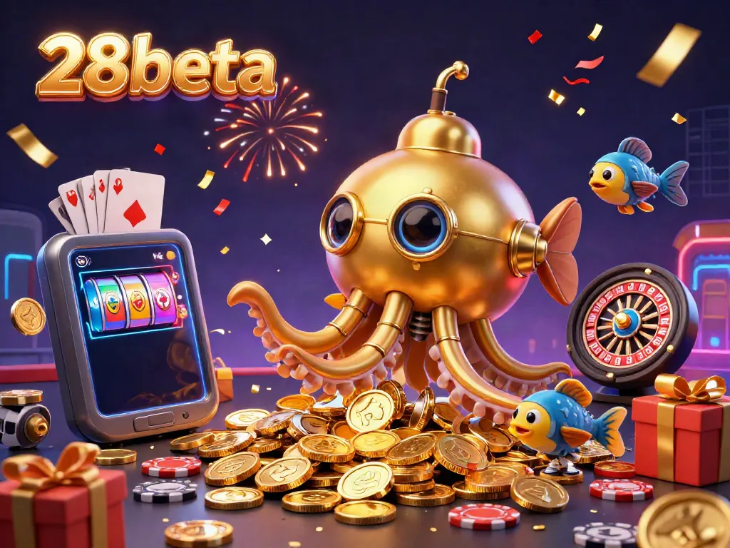 Experience the thrill of 28beta with a vibrant illustration of a golden kraken submarine amid casino games and golden coins.