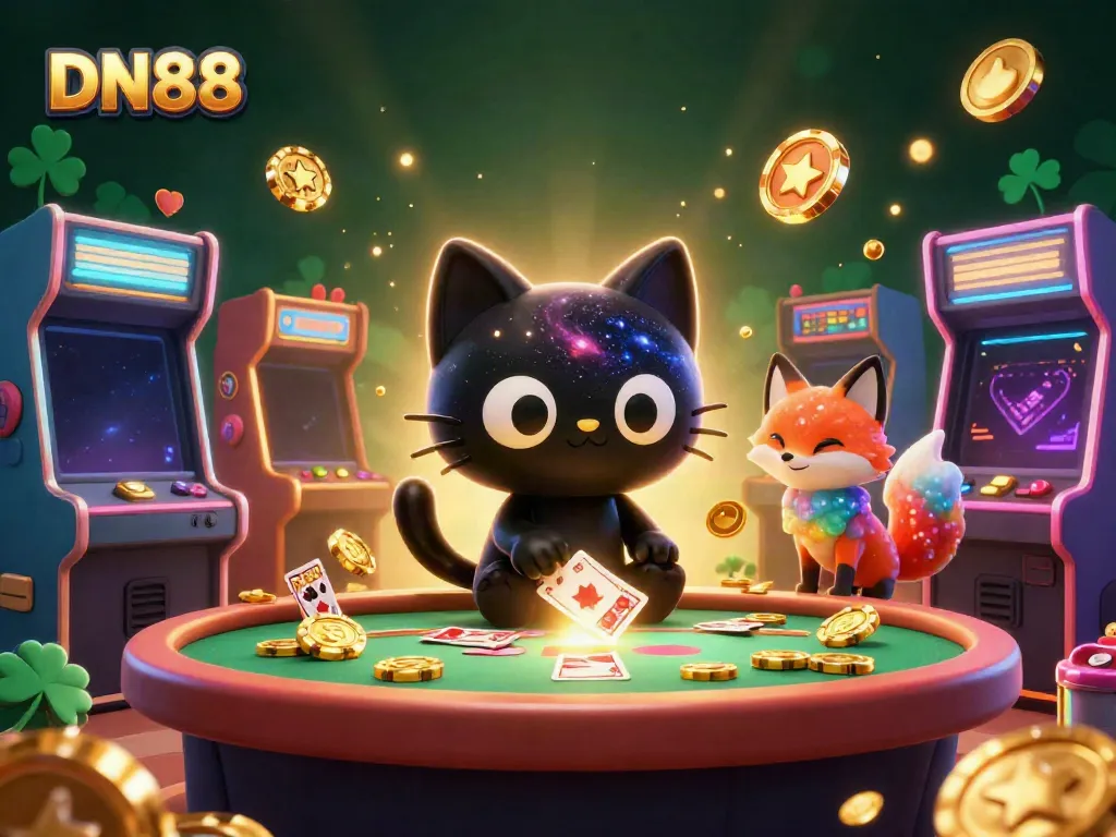 Join the cosmic casino realm with DN88, featuring a black hole cat and nebula fox pulling in golden chips and cards.