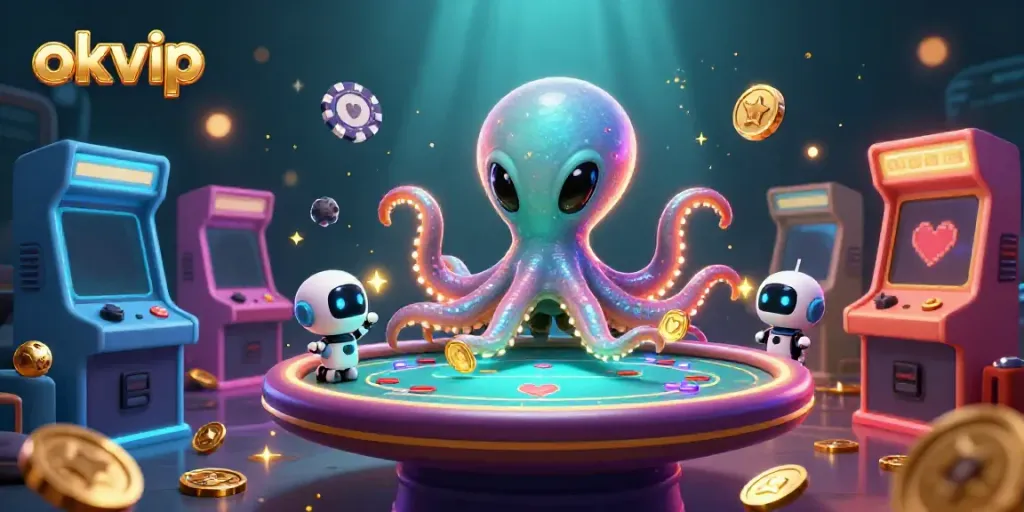 Experience exciting gameplay with okvip in a vibrant 3D casino scene featuring an alien octopus.