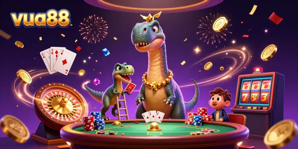 Experience thrilling moments at vua88 with a playful brontosaurus overseeing a lively poker scene in an immersive casino.
