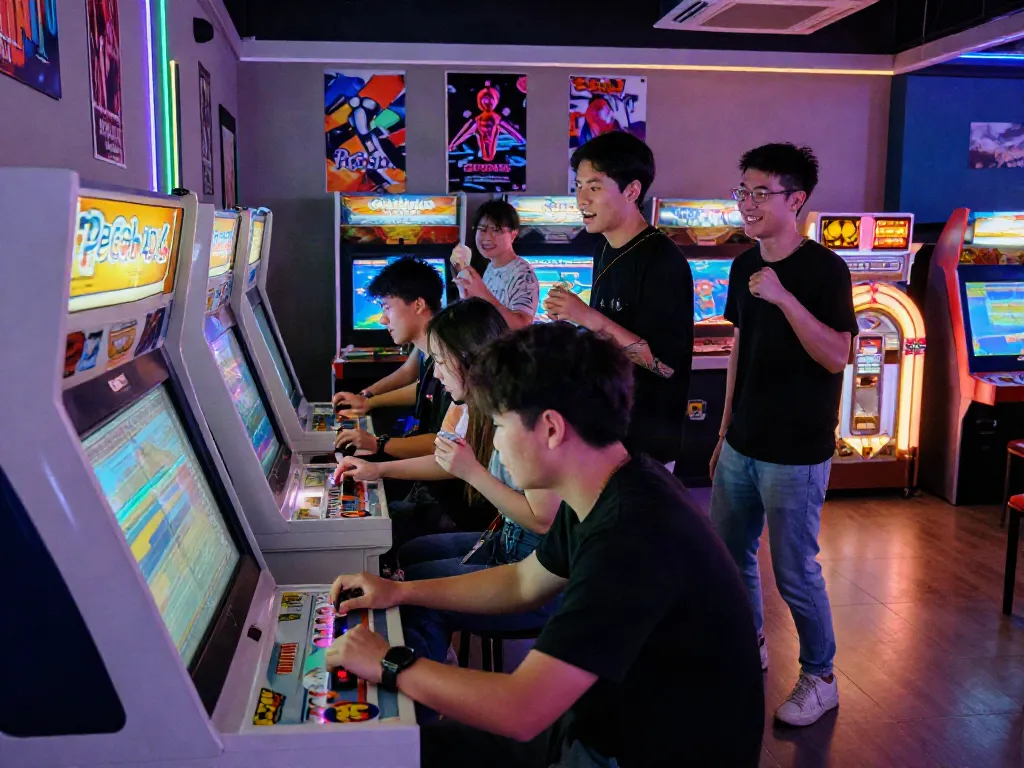 A group of friends enjoying the arcade game "pecah 404" in a colorful environment filled with neon lights