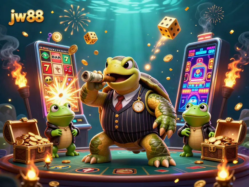 Experience the excitement of jw 88 in this vibrant 3D casino scene with dynamic characters and game elements.
