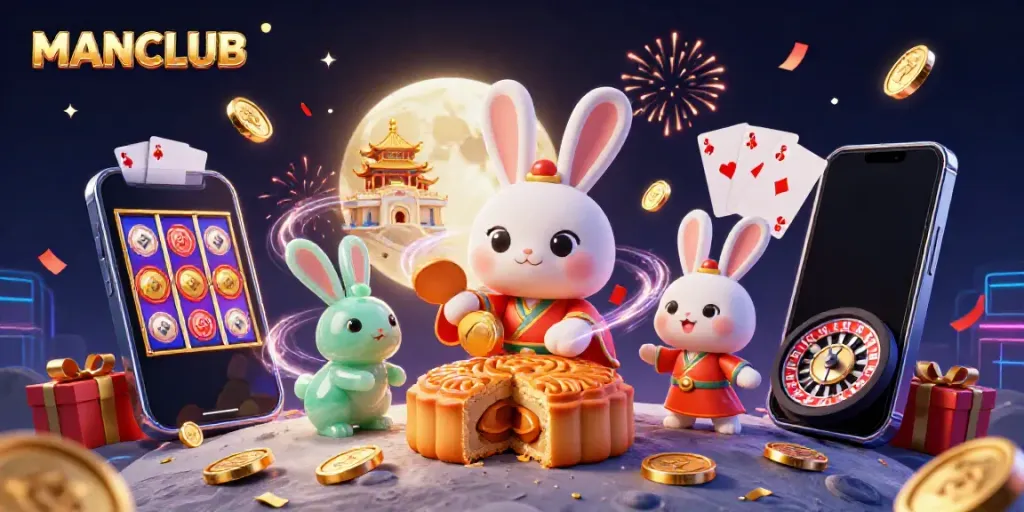 MANCLUB features a moon rabbit illustration with poker chips amid a vibrant casino scene.