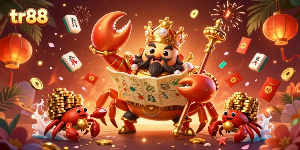 Experience thrilling gameplay at tr88 with our vibrant casino illustration showcasing golden crab emperor commanding wealth and luck.