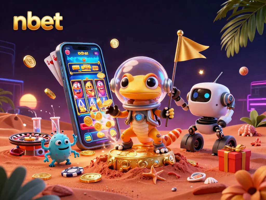 Nbet casino illustrated through a Martian gecko discovering a golden gaming paradise surrounded by vibrant 3D casino elements
