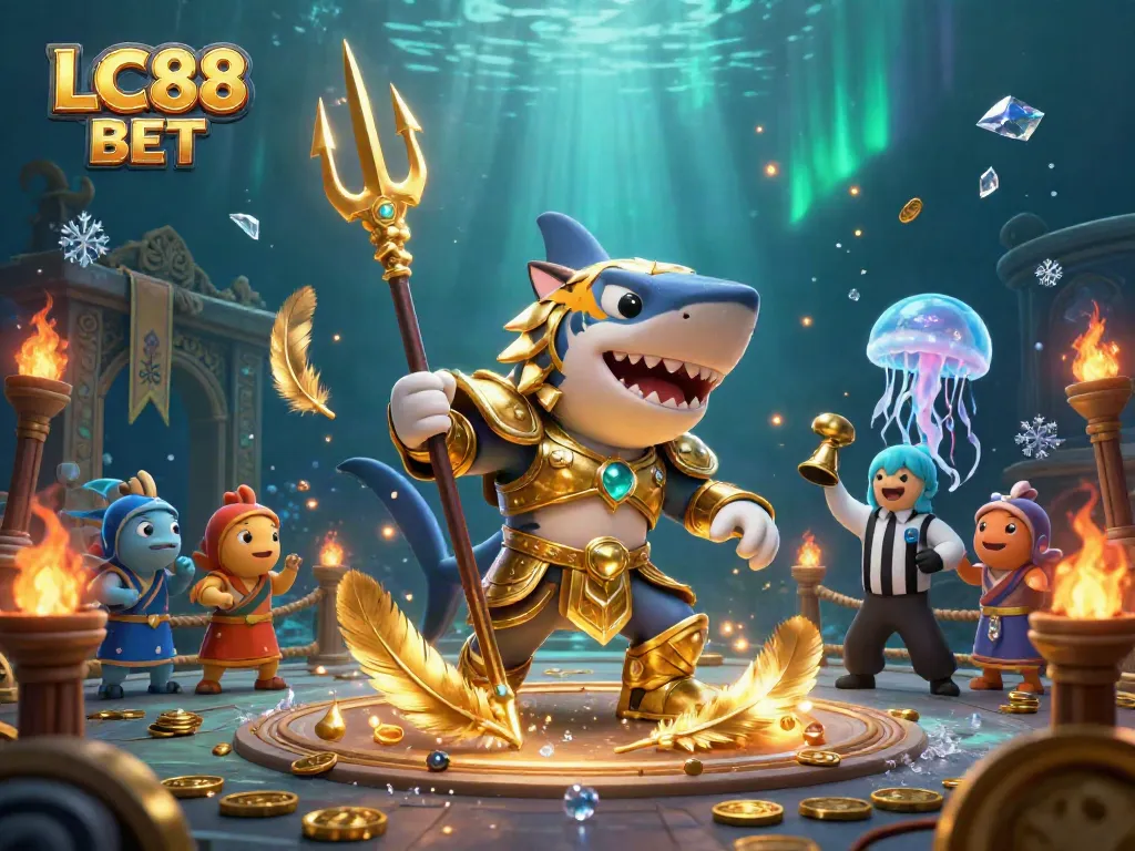 Experience thrilling action with LC88 BET in a vibrant underwater gambling scene featuring a fierce tiger shark.