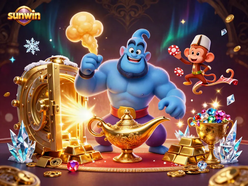 Experience the magical world of sunwin with a genie, monkey, and poker chips in a vibrant casino scene.