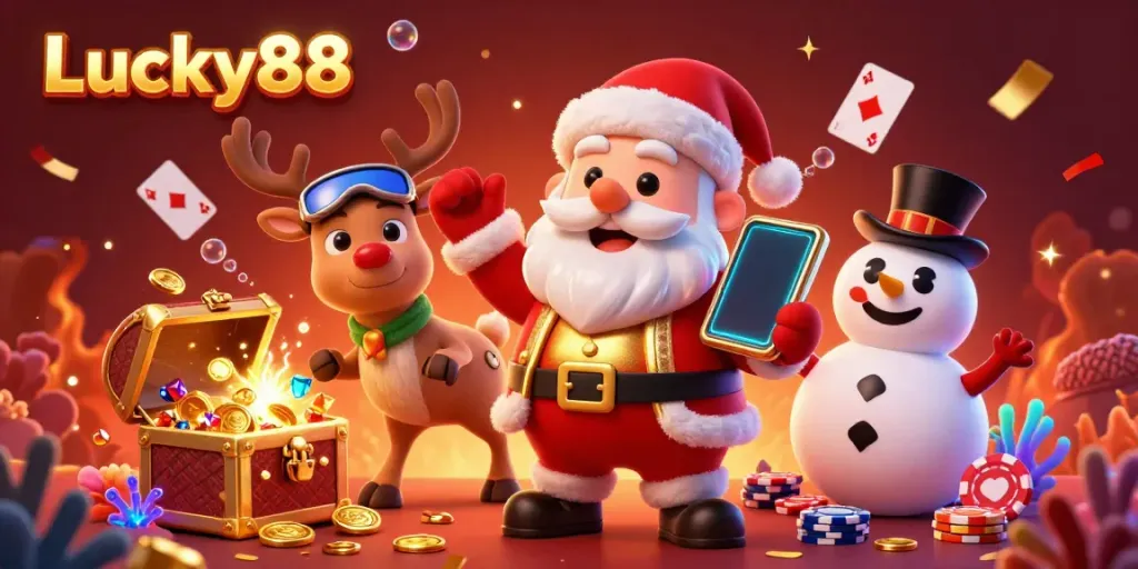 Experience excitement at Lucky88 Casino with a vibrant 3D scene of festive characters celebrating wins.