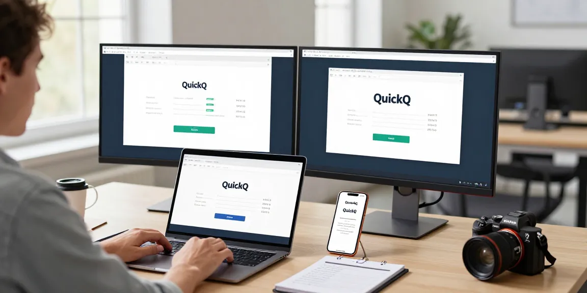 使用 quickq电脑版 软件安装的办公环境，现代化桌面配备笔记本电脑，显示 QuickQ 界面。