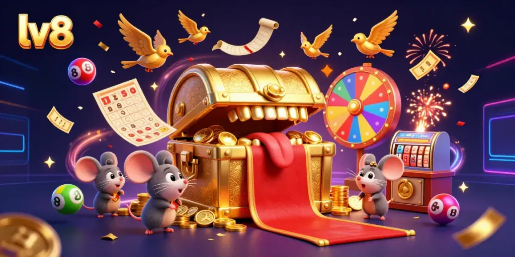 Win big at lv 88 with a treasure chest and colorful lottery balls in a dynamic casino scene.