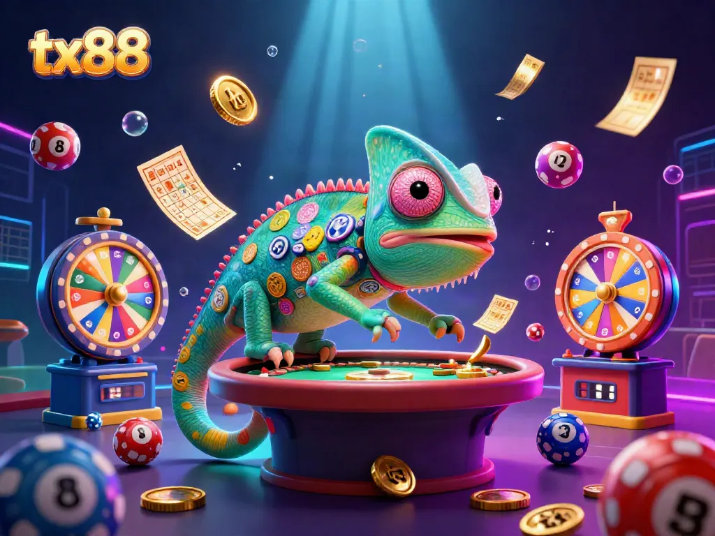 Engage with tx88's vibrant casino experience featuring a colorful chameleon and dynamic lottery elements.