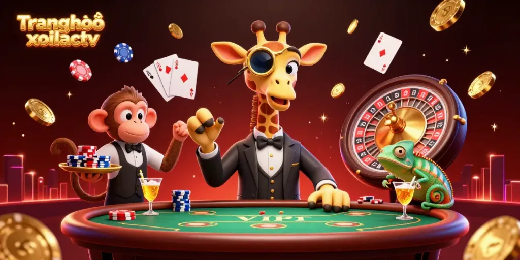 Experience the excitement at Trang chủ xoilactv with a lively casino scene featuring a high-roller giraffe, poker table, and vibrant elements.