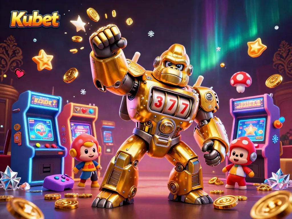 Kubet gamers engaging with a vibrant 3D casino scene featuring a golden mech and arcade machines.
