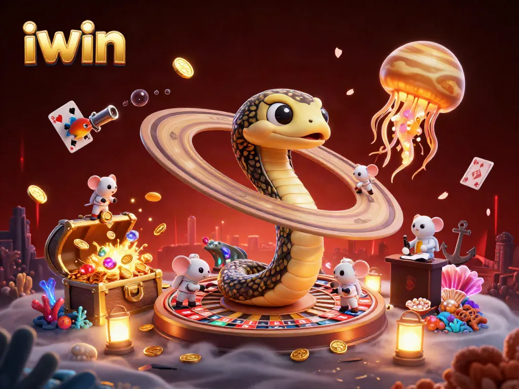 Experience the excitement of iwin with a cosmic casino scene featuring a snake roulette wheel.