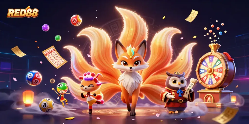 Engage with the vibrant energy of RED88, showcasing a lively casino scene with colorful lottery elements and lively characters.