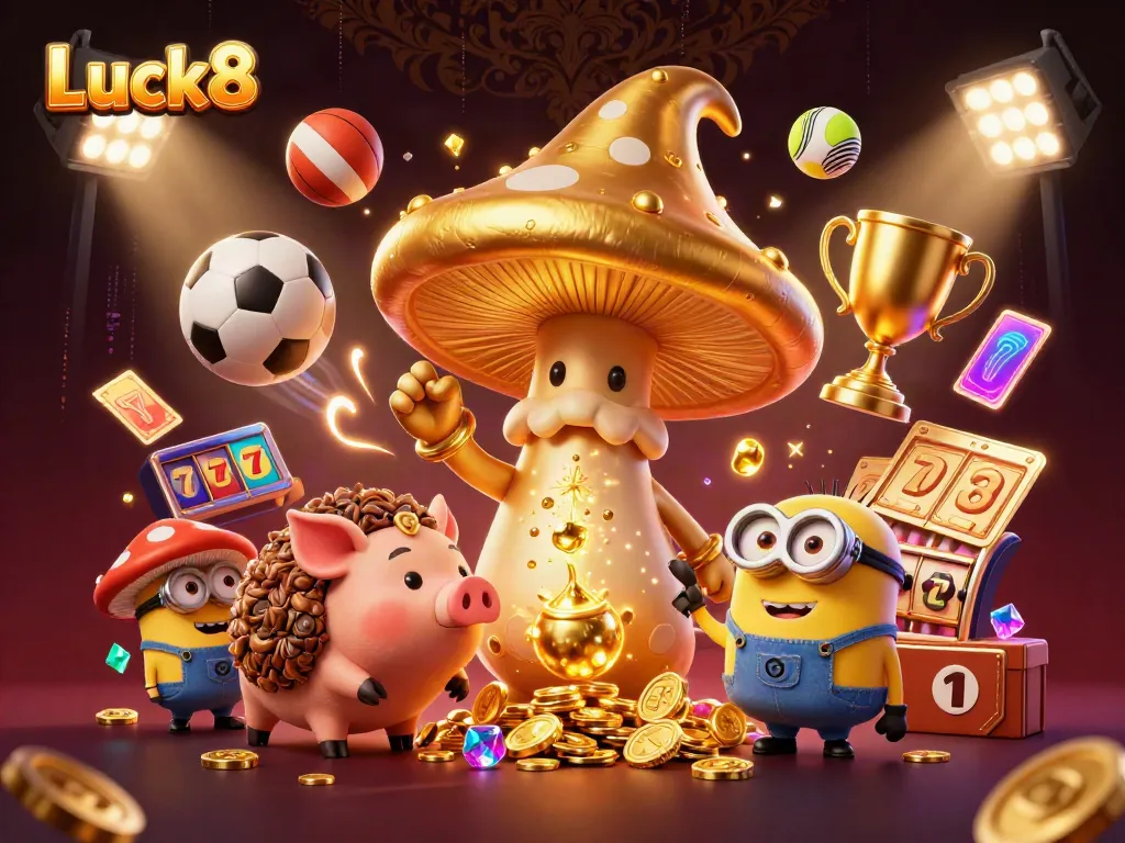Experience the magic of Luck8 with a golden mushroom wizard and treasure-filled pig in a vibrant casino atmosphere.