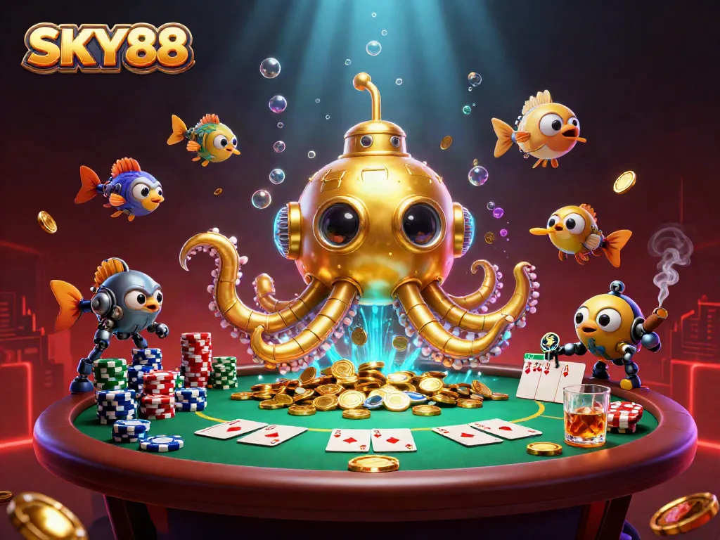 Experience exhilarating gaming at SKY88's vibrant casino atmosphere with golden kraken and poker elements.
