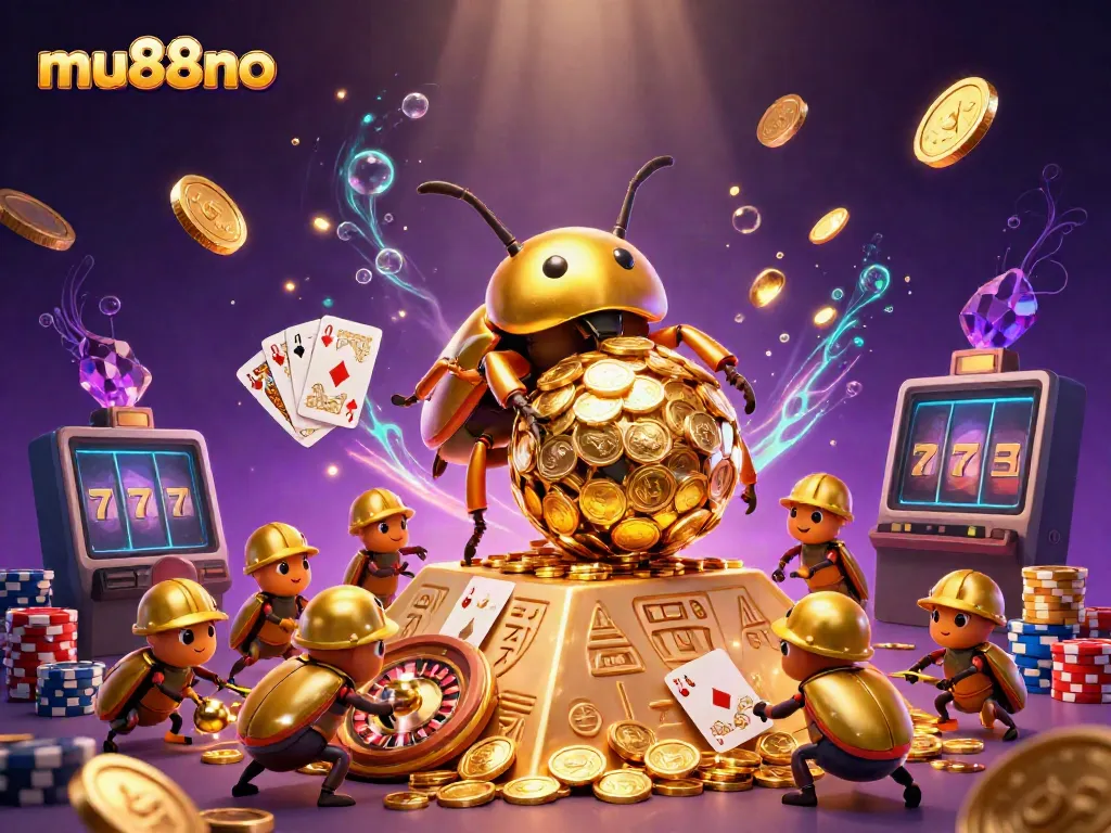 Dive into the fun at mu88no with a golden beetle rolling coins in a casino-themed pyramid.