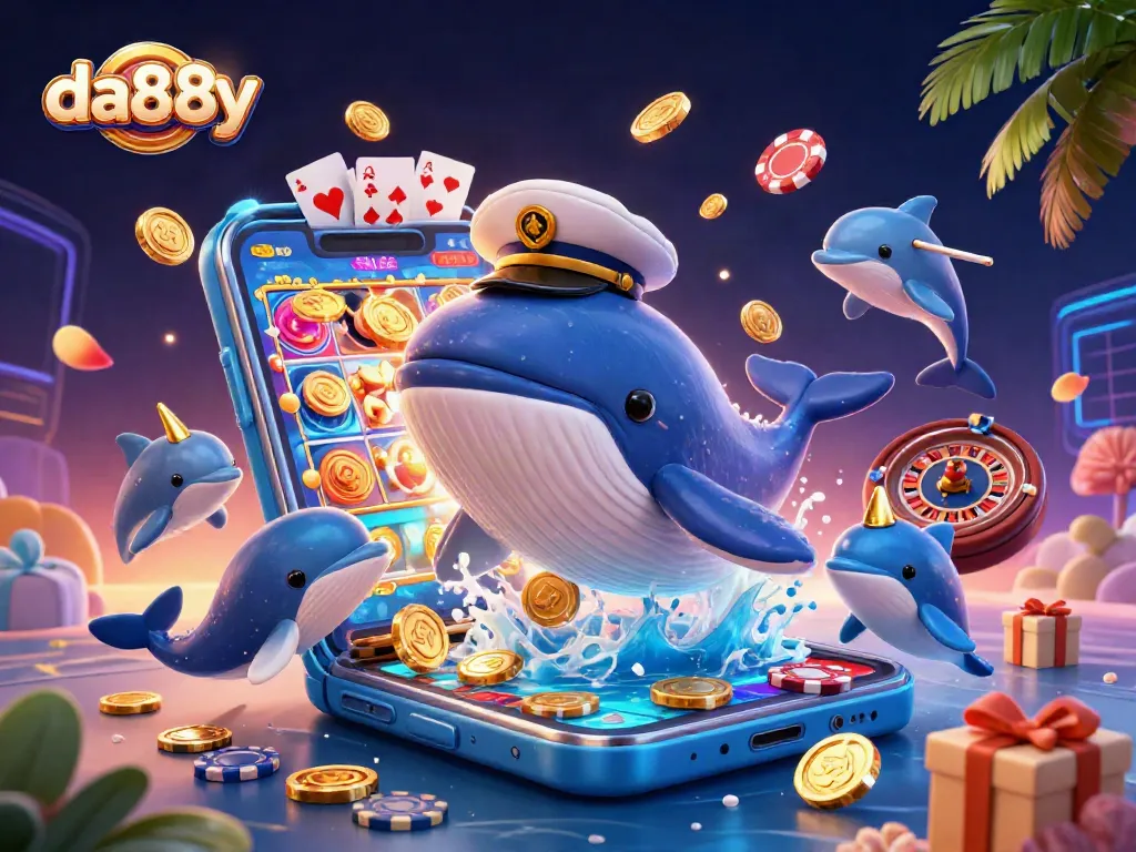 Experience thrilling action at da88y with a giant whale surrounded by coins and casino games.