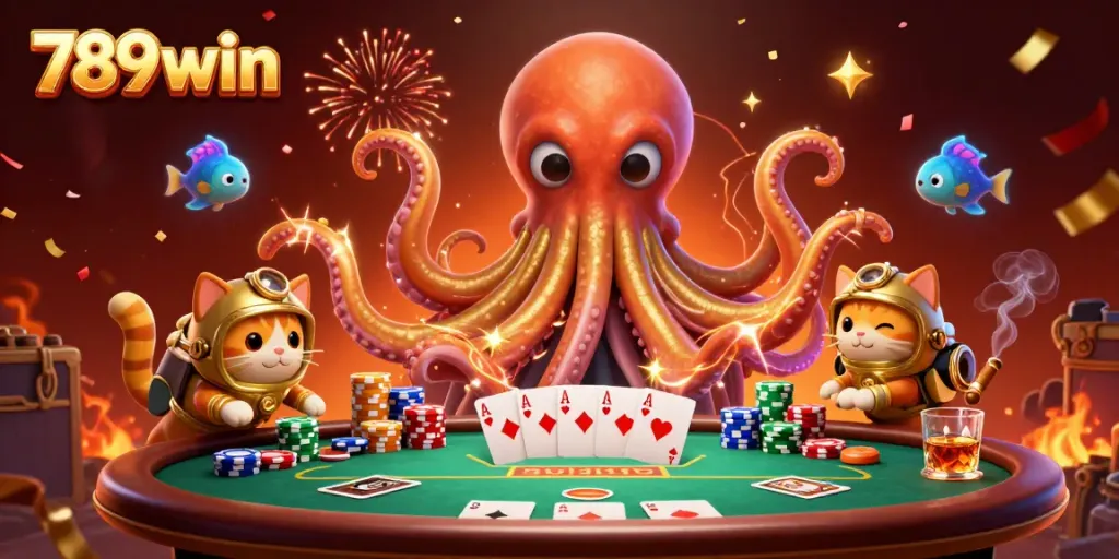 Engage with 789win's vibrant gaming scene featuring a kraken, diving cat, and poker elements.