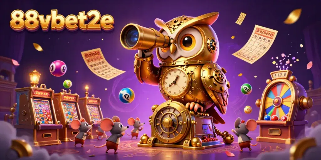 Engage with exciting casino action at 88vbet2e featuring a vibrant scene of a golden owl and animated characters in an immersive gambling atmosphere.