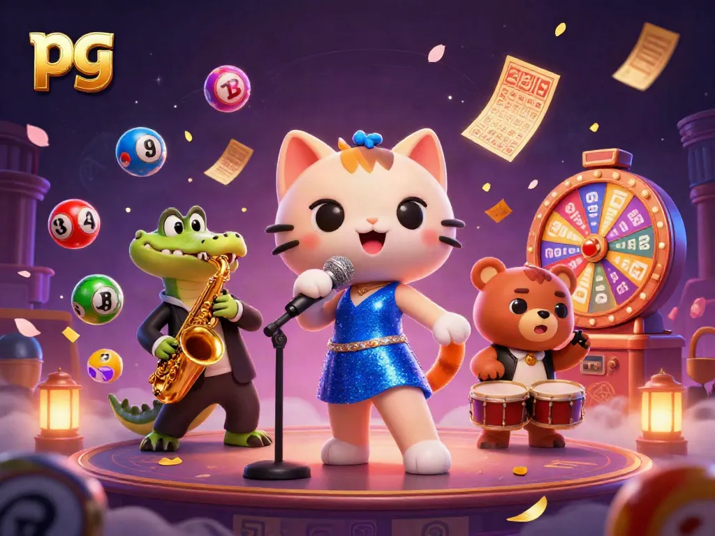 pg-infused illustration of playful casino characters amidst lottery elements and magical energy