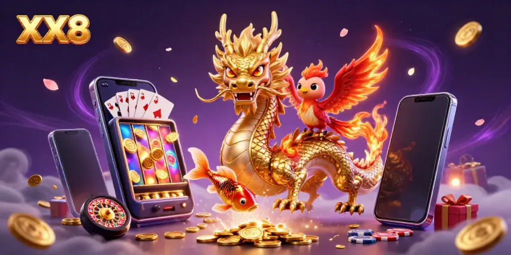 Engage with XX8's vibrant casino theme featuring a golden dragon, phoenix, and koi fish amidst gaming elements.