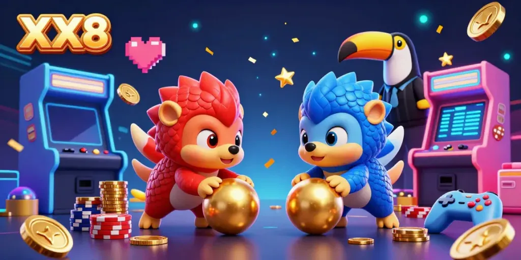 Experience thrilling casino action with XX8 as rival pangolins bowl through poker chips, showcasing vibrant game elements and energy.