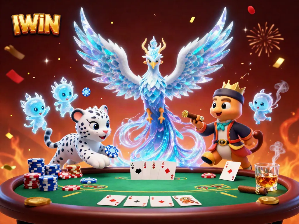 IWIN showcases a colorful casino scene with an ice phoenix, chip stacks, and poker action