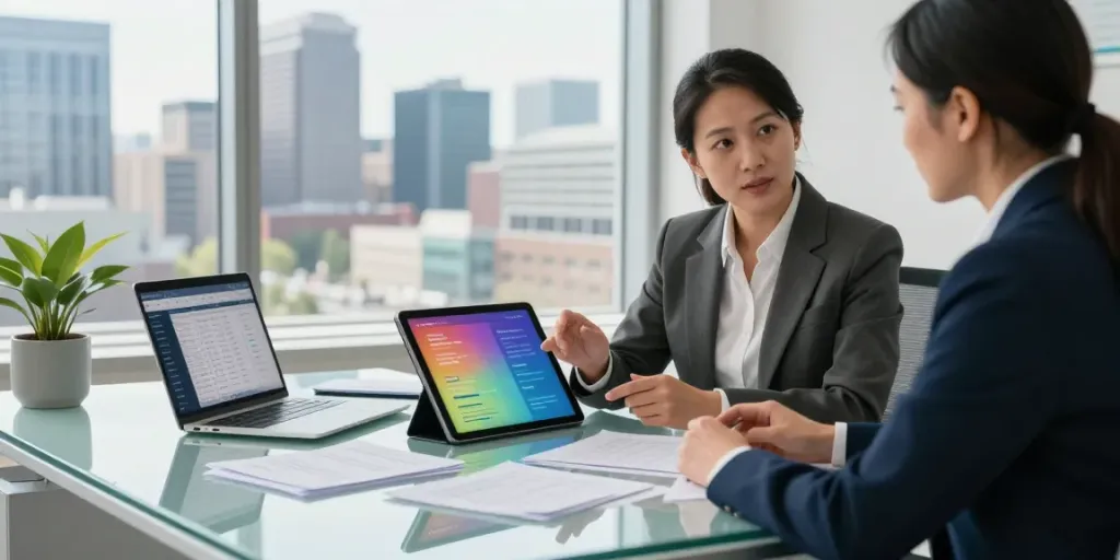 Consultant discussing Calgary loans with a client in a modern office.