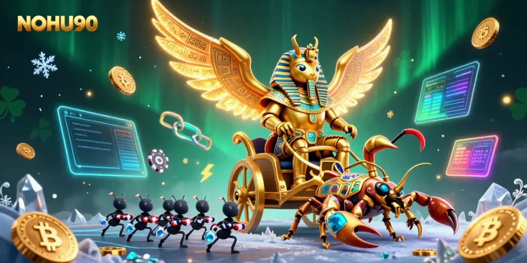Engage with NOHU90 by exploring an immersive 3D casino realm featuring dynamic game elements and characters.