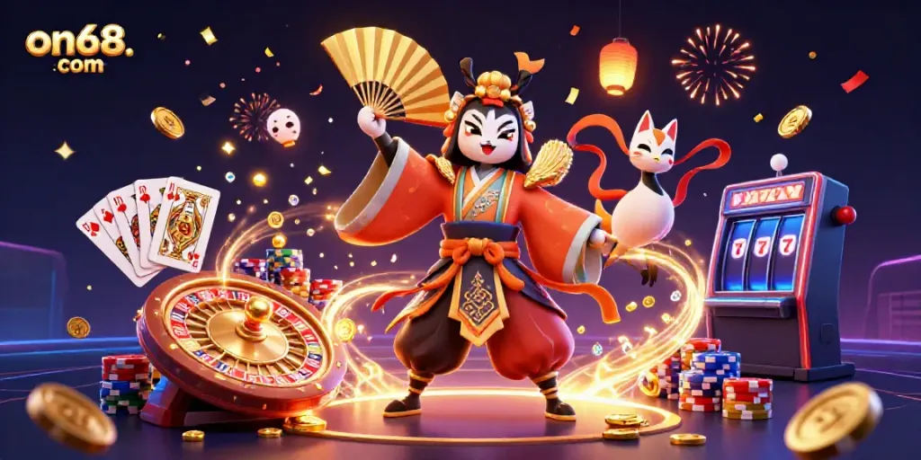 Experience exciting moments at on68. com with a vibrant illustration of a kabuki warrior and gaming elements.