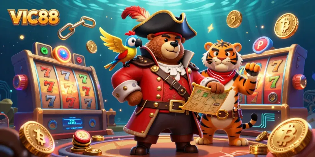 Engage with VIC88's thrilling slot games in a vibrant, underwater casino scene.