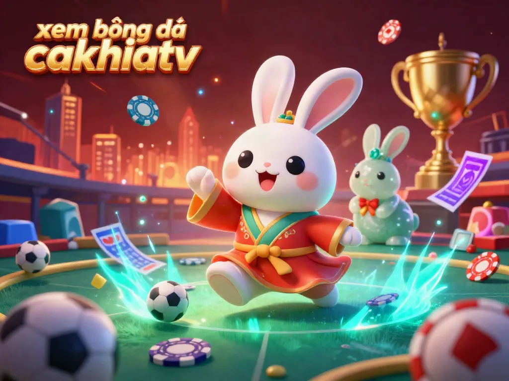 Xem bóng đá cakhiatv featuring dynamic sports elements and vibrant visuals in a lively 3D illustration.