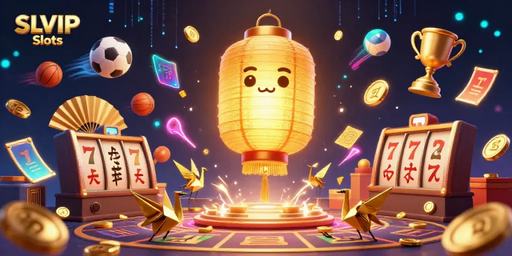 Experience SLVIP Slots with a vibrant casino scene featuring a glowing golden lantern spirit and dynamic game elements.