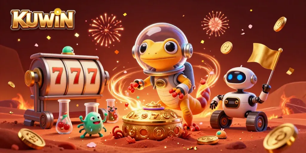 Experience adventurous luck at KUWIN’s golden casino with a Martian gecko and vibrant games.